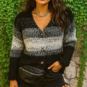 RENEE C. Eyelash Fringe Black and Gray Ombre Stripe Cardigan, M